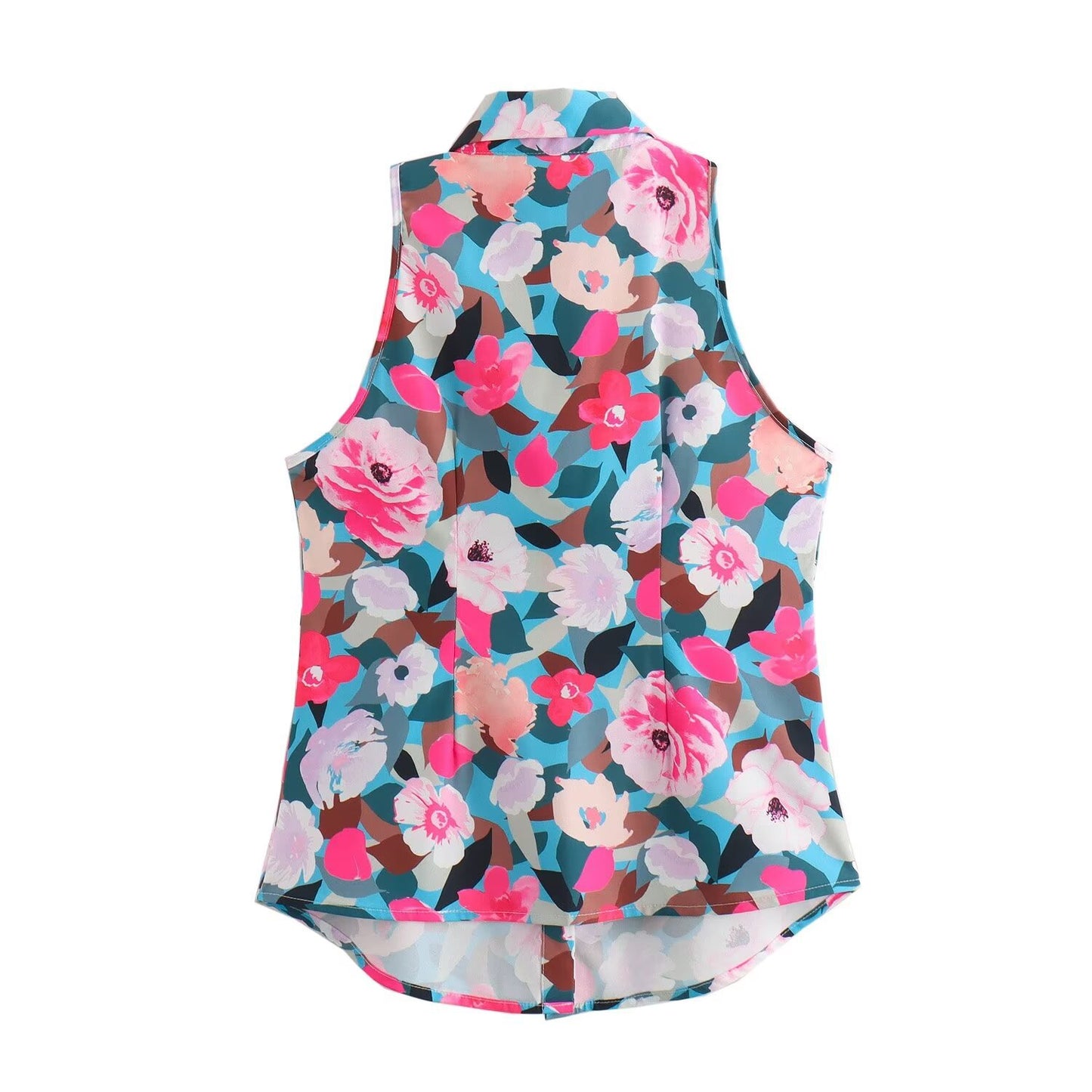 Stylish and stylish collared sleeveless single breasted versatile printed shirt for women