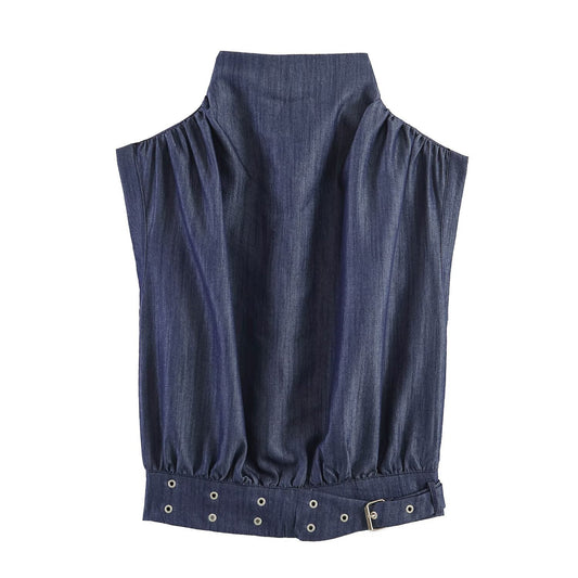 Rivet buckle top+wide leg pants set