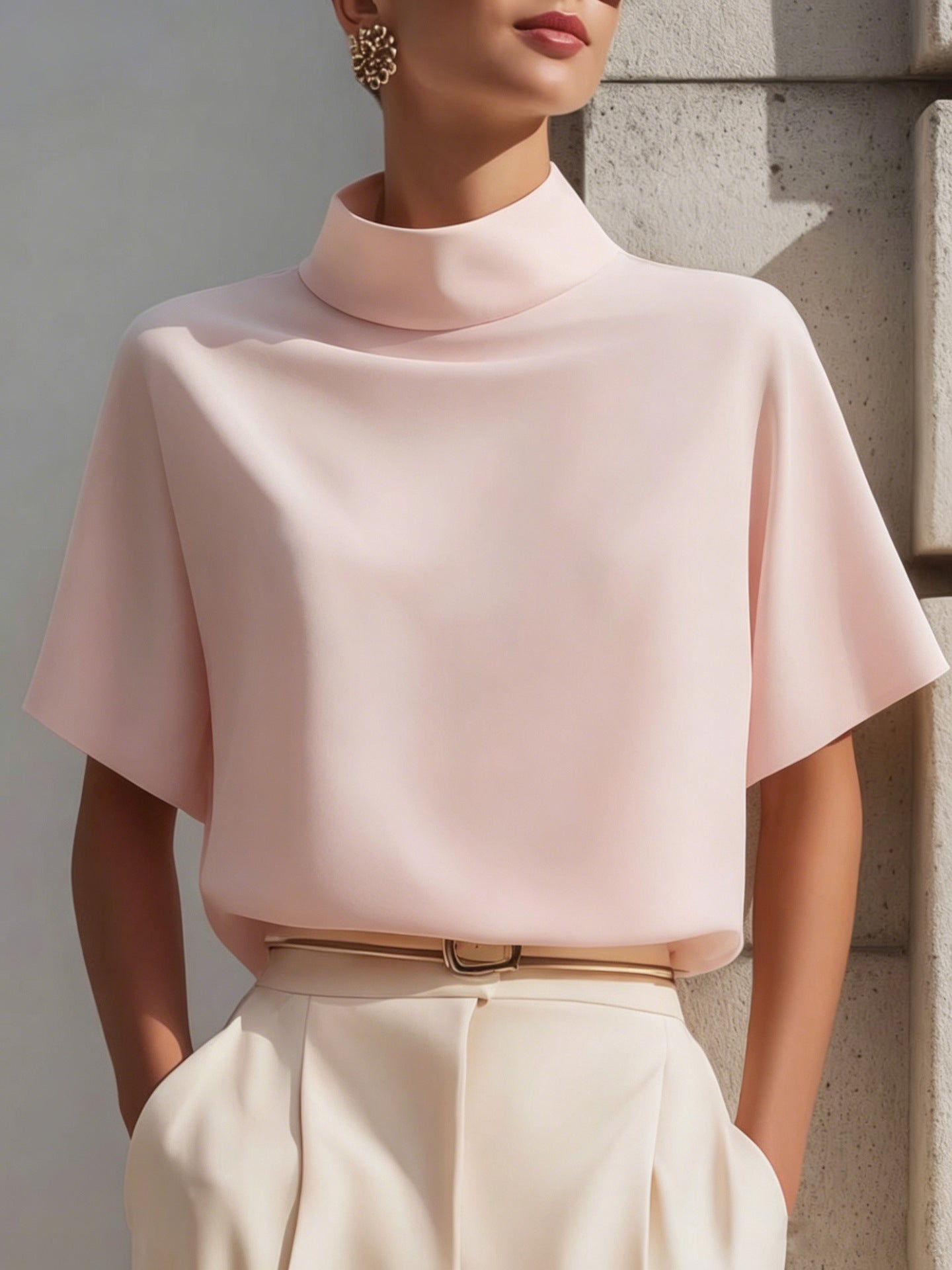 Solid color stand up collar short sleeved top