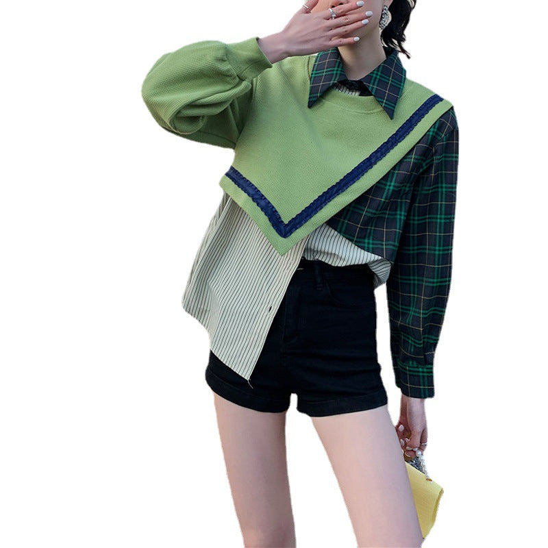 Fake Two Top Retro Hoodie Women's Asymmetric Shirt
