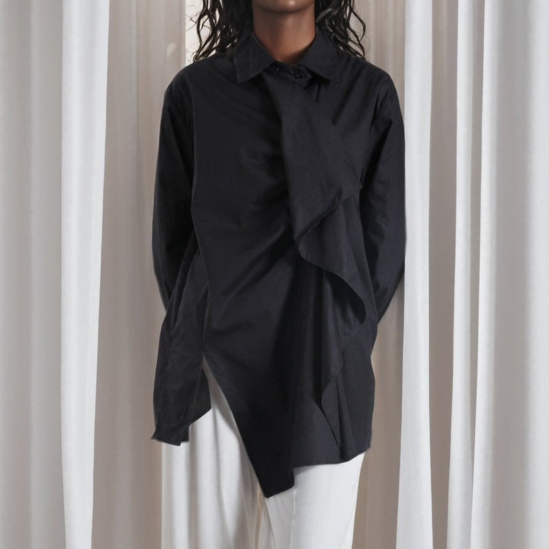 Asymmetric slit black shirt women's loose cross-border long sleeved shirt with ruffle edge splicing design top