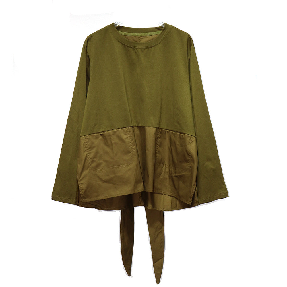 Extremely simple and high-end solid color early autumn long sleeved T-shirt with butterfly bow design on the back, niche ins top