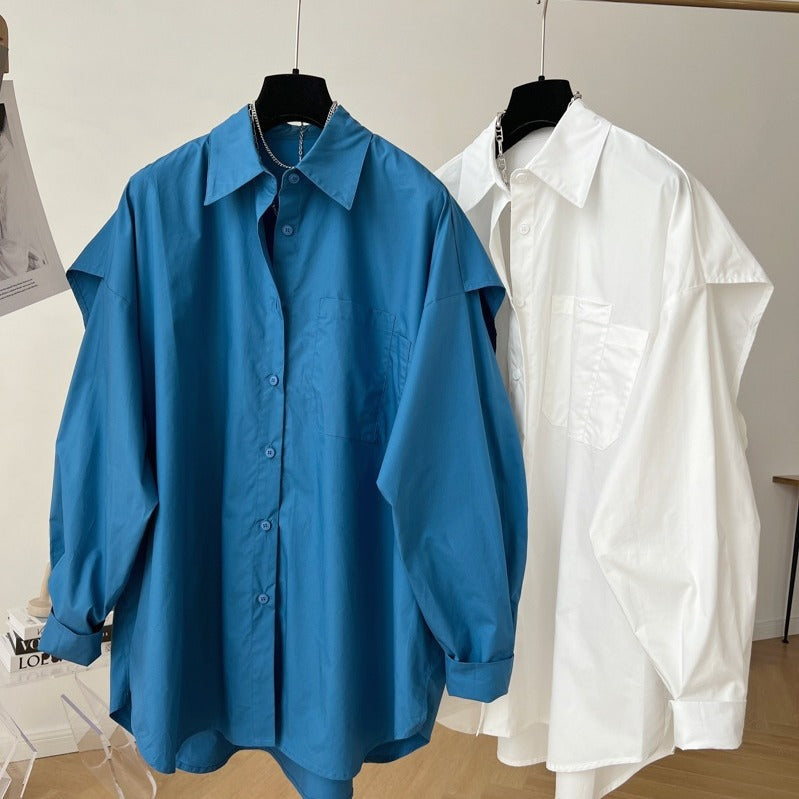 Fashion Back Spliced Shirt For Women Solid Versatile Single Breasted Loose Fake Two Piecs Blouse
