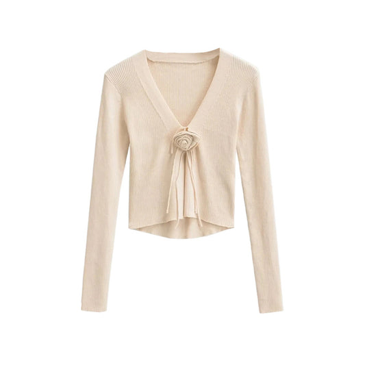 Spicy girl design V-neck chest rose long sleeved knitted sweater autumn new slim fit outerwear short cardigan top