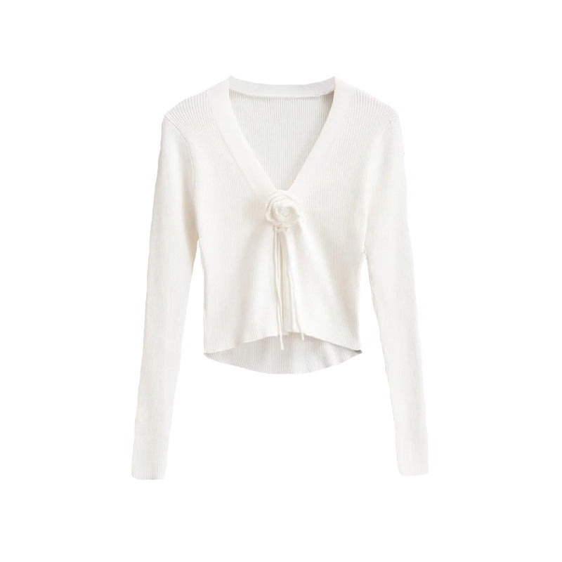 Spicy girl design V-neck chest rose long sleeved knitted sweater autumn new slim fit outerwear short cardigan top