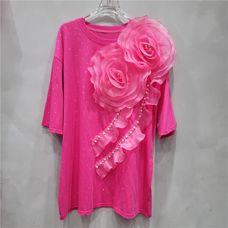 Heavy industry hot stamping flower round neck short sleeved T-shirt loose slimming loose casual straight top