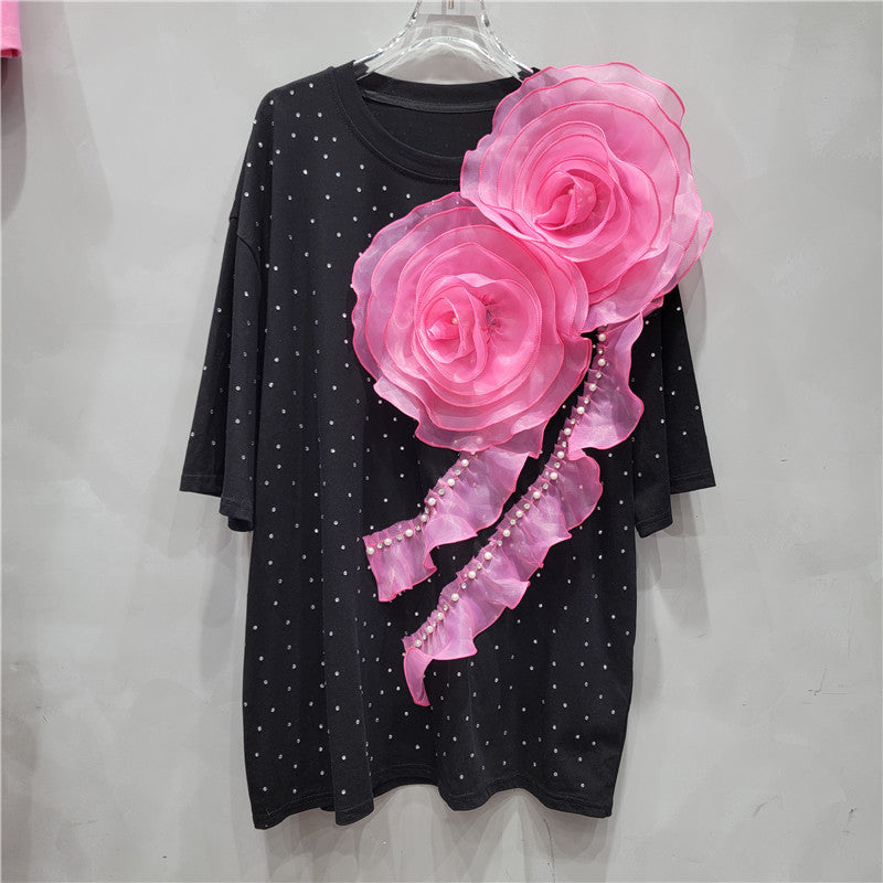 Heavy industry hot stamping flower round neck short sleeved T-shirt loose slimming loose casual straight top
