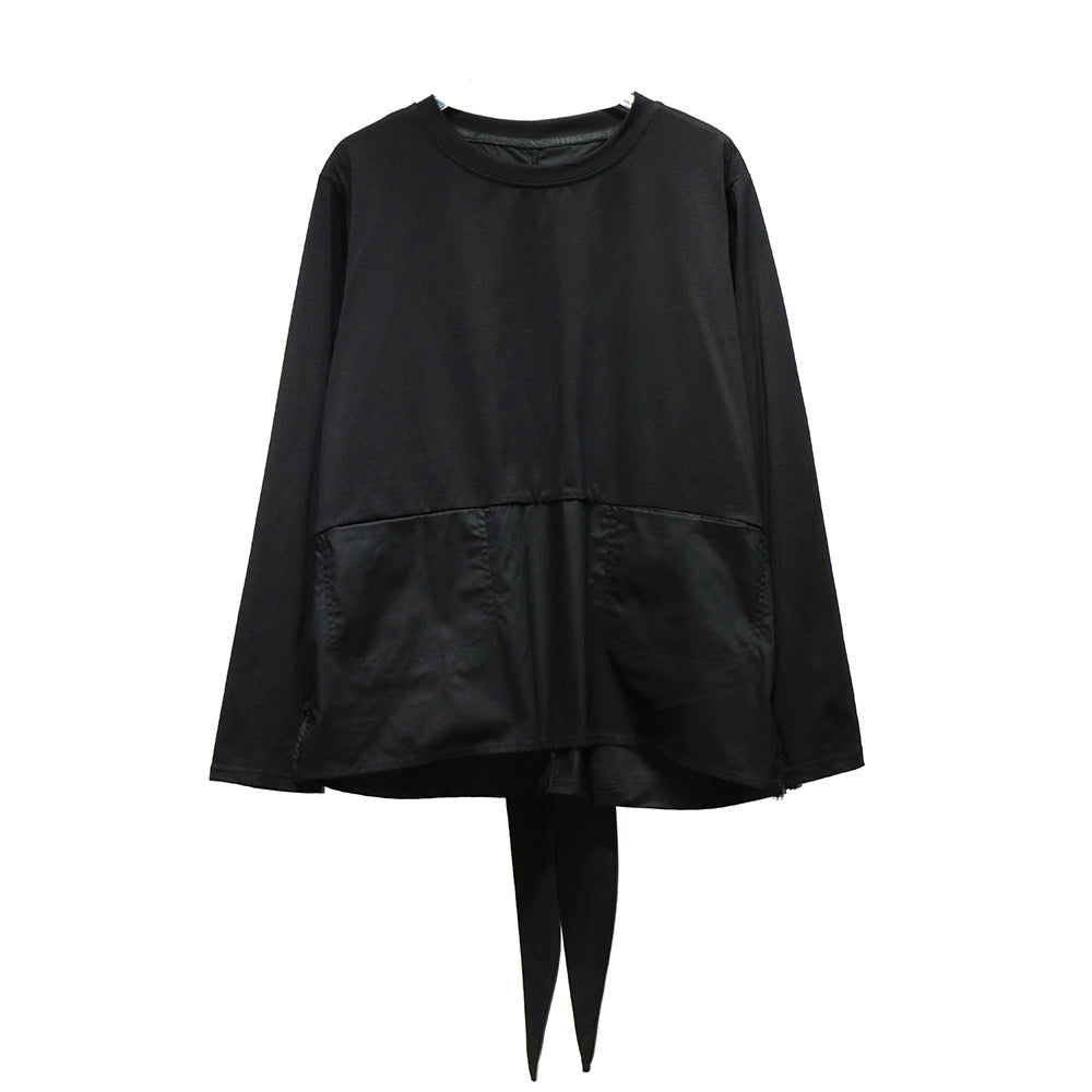 Extremely simple and high-end solid color early autumn long sleeved T-shirt with butterfly bow design on the back, niche ins top