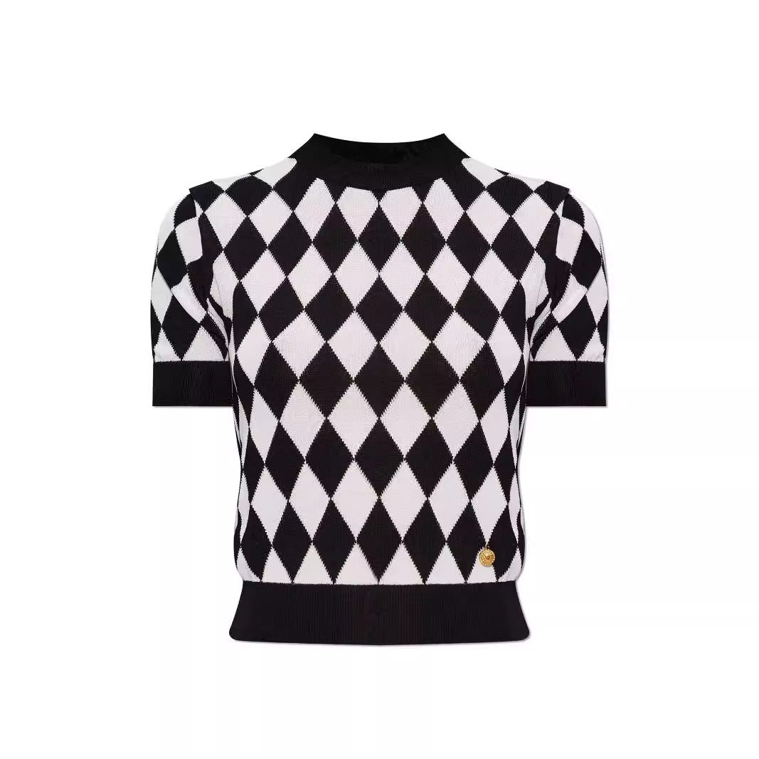 High quality short sleeved niche knitwear women's new diamond grid age reducing shirt top