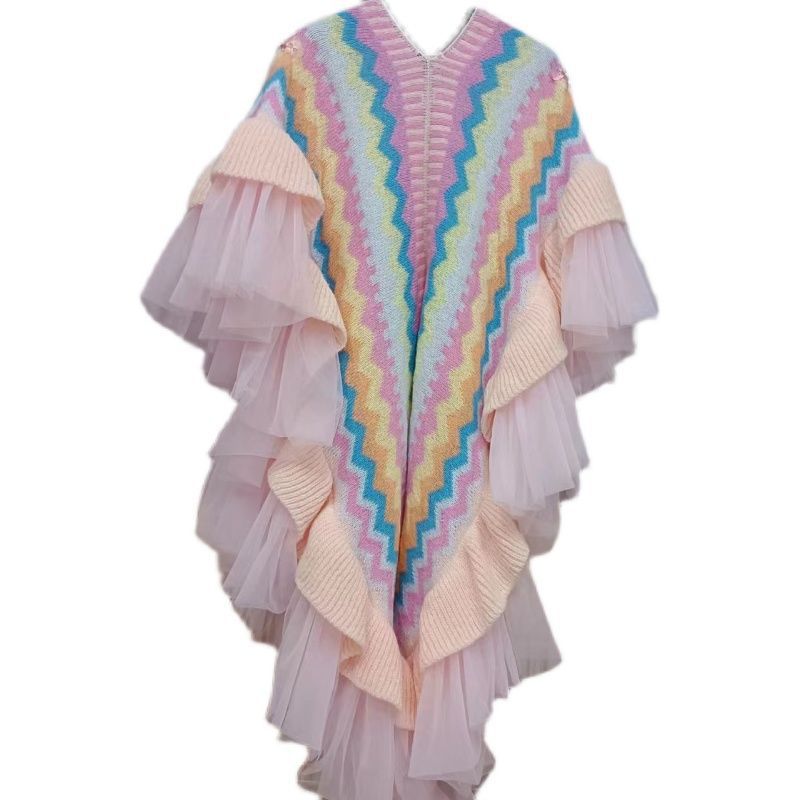 Fashionable Bohemian Style Trend Embroidered Rainbow Sweater Shawl