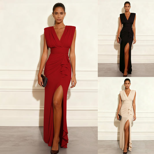 Solid color V-neck sleeveless slit dress