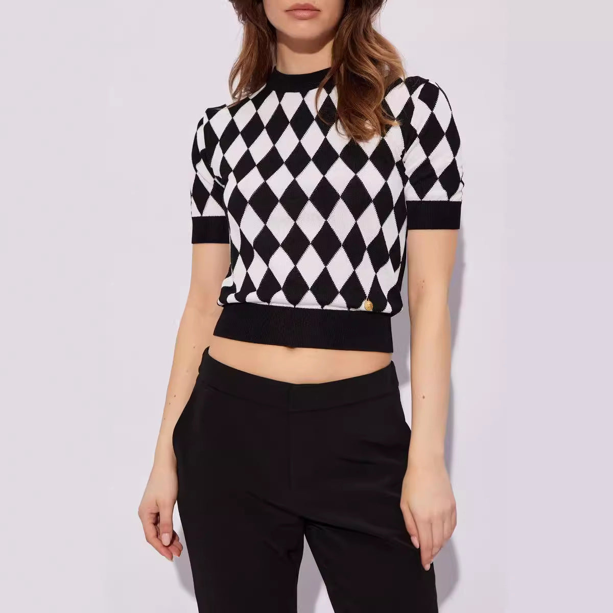 High quality short sleeved niche knitwear women's new diamond grid age reducing shirt top
