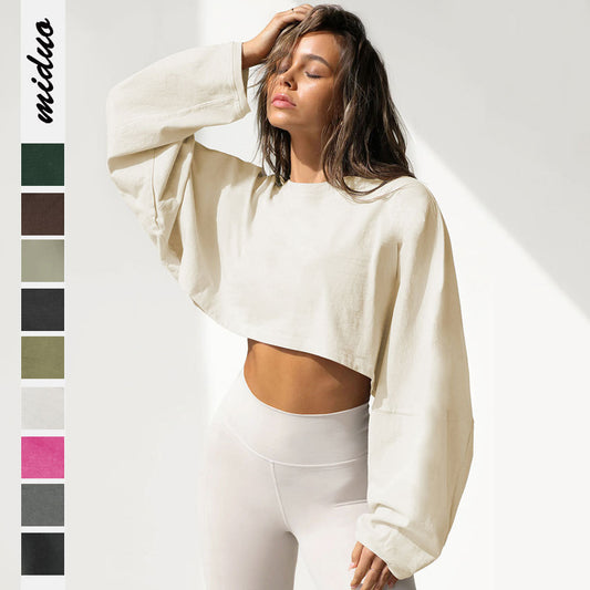 Umbilical round neck sweatshirt, European and American women's short sports base shirt, T-shirt, knitted shirt, long sleeved top