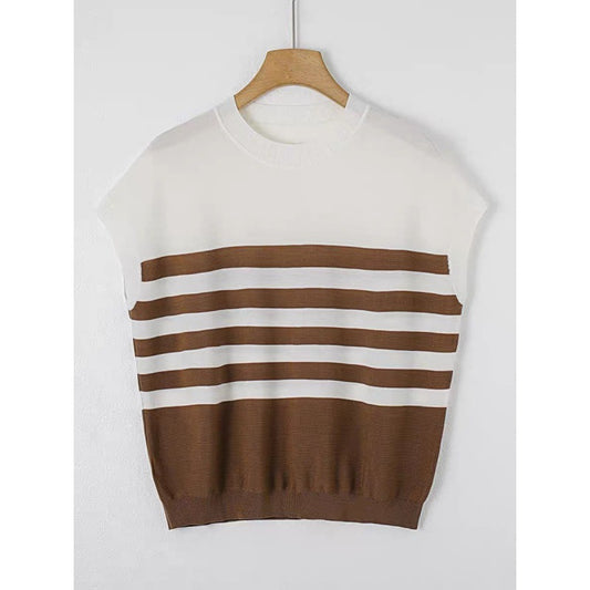 Striped Knitted Shirt Summer Women's Round Neck Contrast Short Sleeve T-shirt New Casual Loose Thin Top