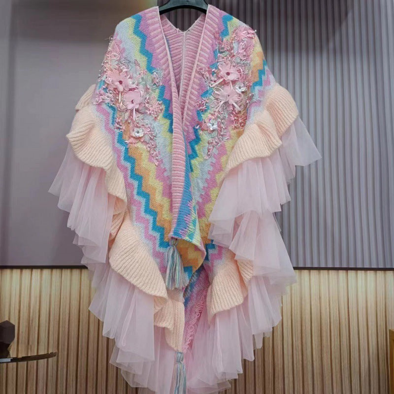 Fashionable Bohemian Style Trend Embroidered Rainbow Sweater Shawl