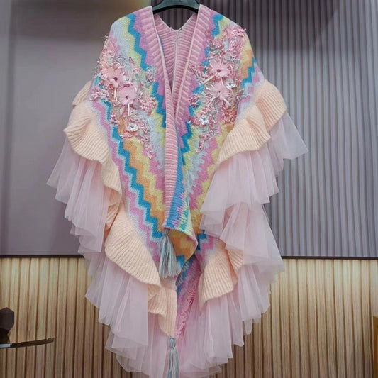 Fashionable Bohemian Style Trend Embroidered Rainbow Sweater Shawl
