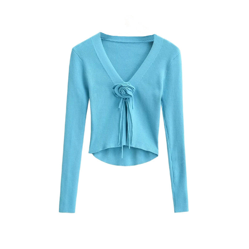 Spicy girl design V-neck chest rose long sleeved knitted sweater autumn new slim fit outerwear short cardigan top