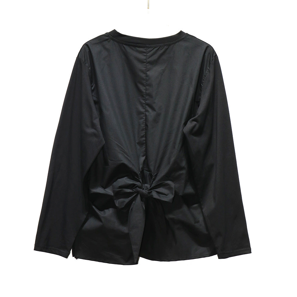 Extremely simple and high-end solid color early autumn long sleeved T-shirt with butterfly bow design on the back, niche ins top