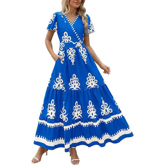 V-neck printed short sleeved dress for women