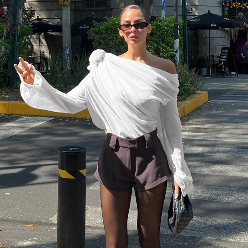 New Women's Sexy and Fashionable Street Hot Girl Slant Shoulder Chiffon Slimming T-shirt Top for Women