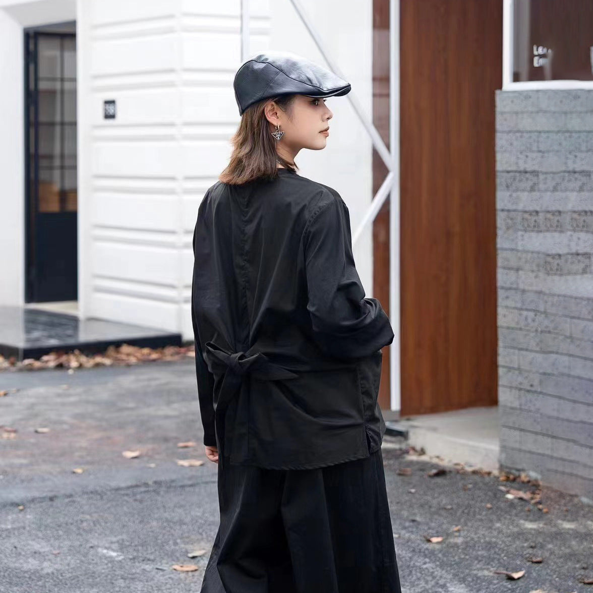 Extremely simple and high-end solid color early autumn long sleeved T-shirt with butterfly bow design on the back, niche ins top