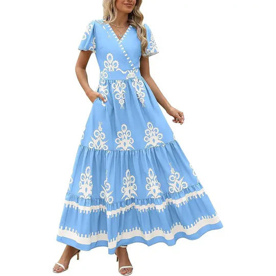 V-neck printed short sleeved dress for women