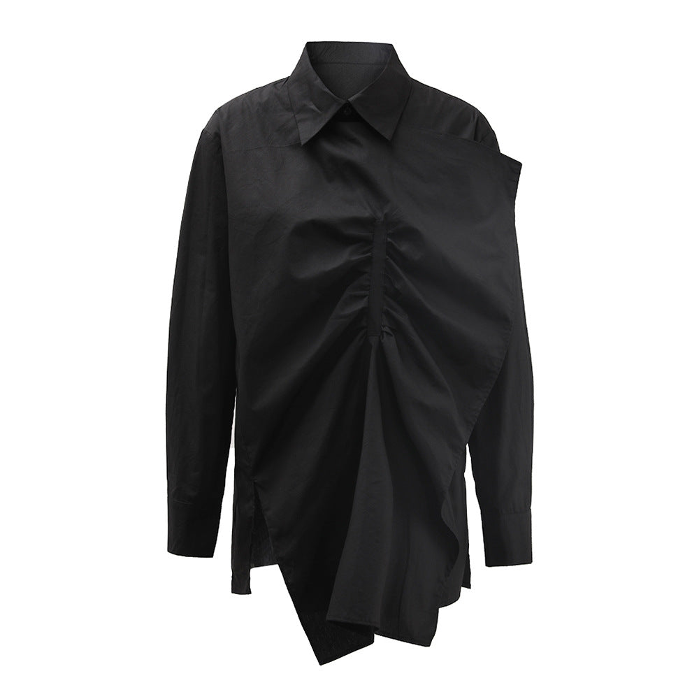 Asymmetric slit black shirt women's loose cross-border long sleeved shirt with ruffle edge splicing design top