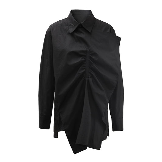 Asymmetric slit black shirt women's loose cross-border long sleeved shirt with ruffle edge splicing design top