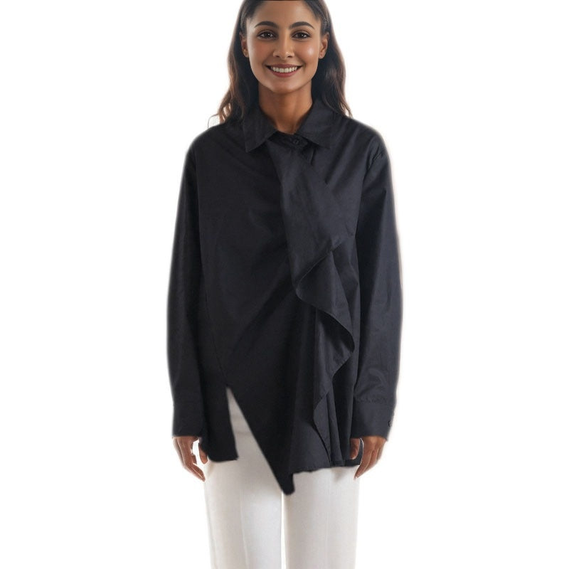 Asymmetric slit black shirt women's loose cross-border long sleeved shirt with ruffle edge splicing design top