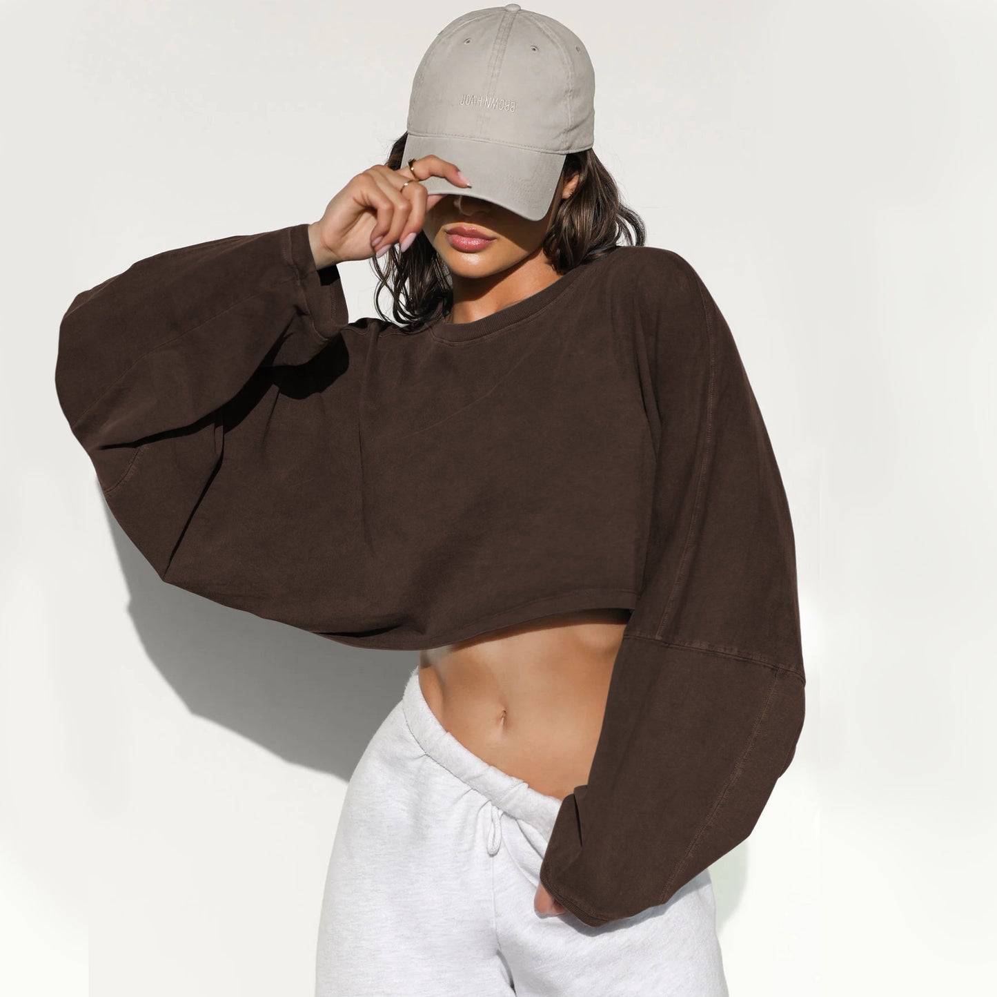 Umbilical round neck sweatshirt, European and American women's short sports base shirt, T-shirt, knitted shirt, long sleeved top