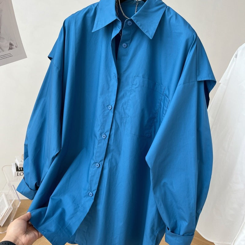 Fashion Back Spliced Shirt For Women Solid Versatile Single Breasted Loose Fake Two Piecs Blouse