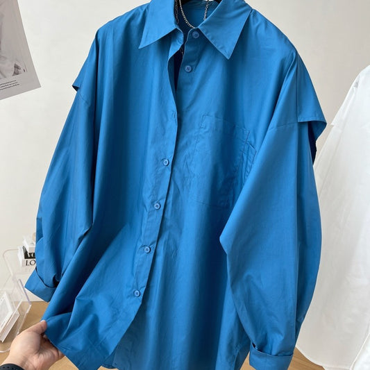 Fashion Back Spliced Shirt For Women Solid Versatile Single Breasted Loose Fake Two Piecs Blouse