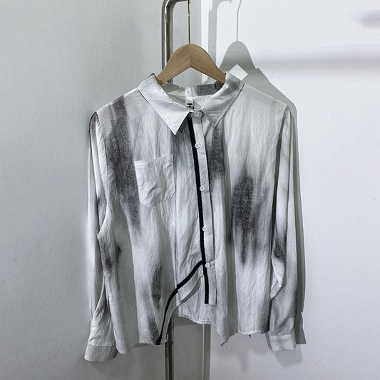 Autumn new fashionable tie dye printed loose short shirt with irregular hem casual shirt for women