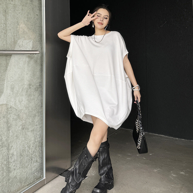 Retro Hong Kong style bat shaped loose sleeveless solid color dress for women's summer new casual slimming and personalized mid length skirt