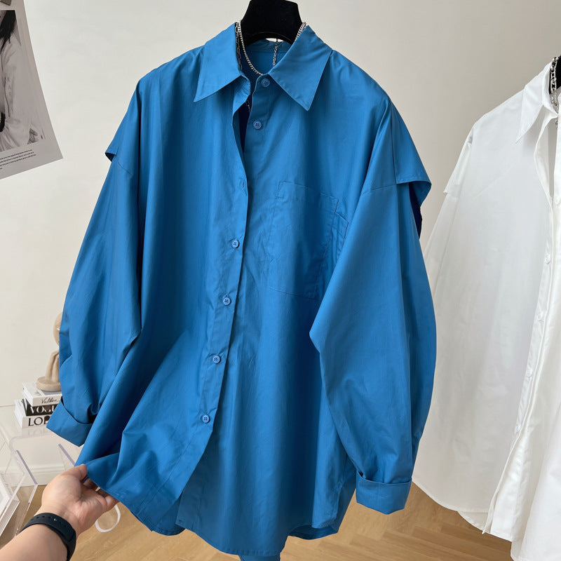 Fashion Back Spliced Shirt For Women Solid Versatile Single Breasted Loose Fake Two Piecs Blouse