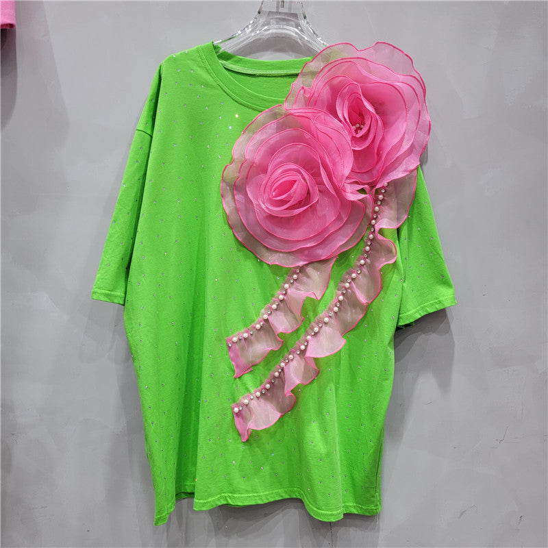 Heavy industry hot stamping flower round neck short sleeved T-shirt loose slimming loose casual straight top