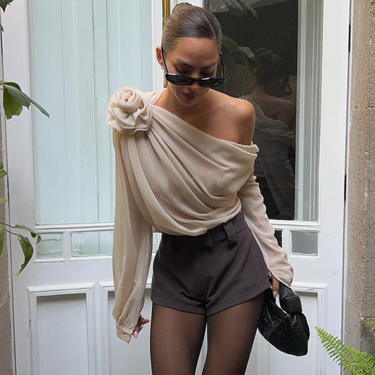 New Women's Sexy and Fashionable Street Hot Girl Slant Shoulder Chiffon Slimming T-shirt Top for Women