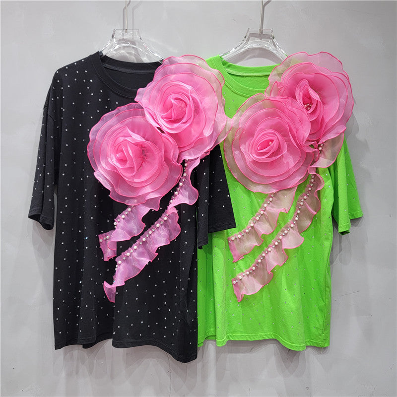 Heavy industry hot stamping flower round neck short sleeved T-shirt loose slimming loose casual straight top
