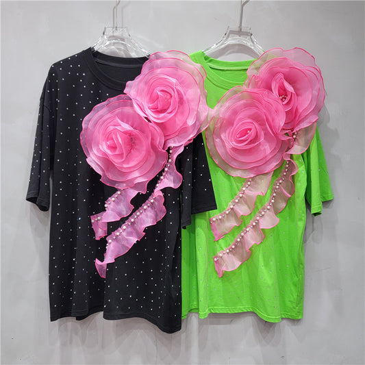 Heavy industry hot stamping flower round neck short sleeved T-shirt loose slimming loose casual straight top