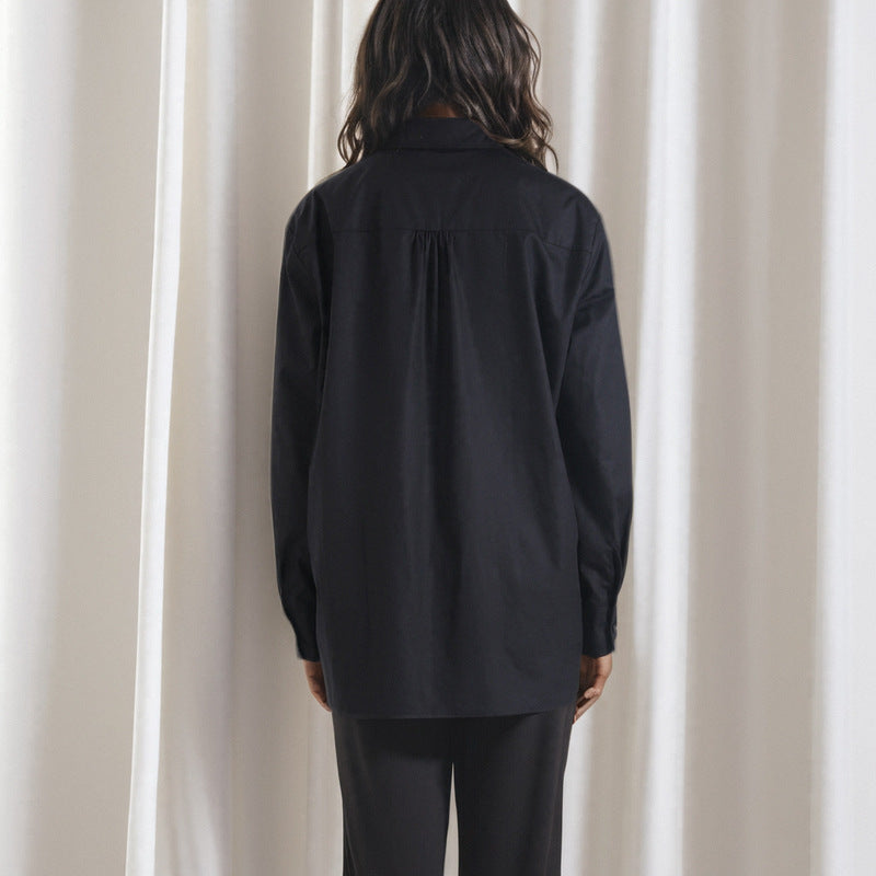 Asymmetric slit black shirt women's loose cross-border long sleeved shirt with ruffle edge splicing design top
