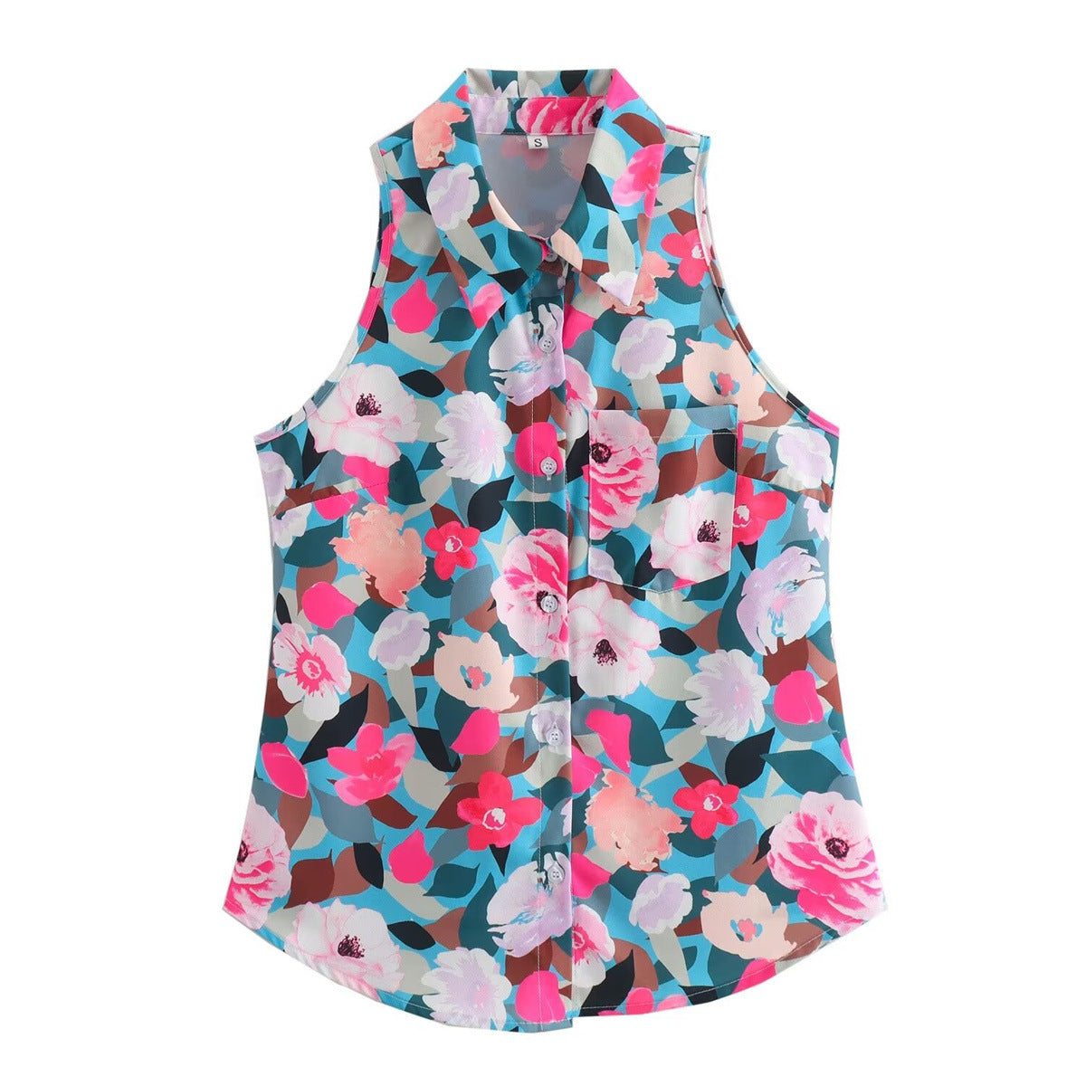 Stylish and stylish collared sleeveless single breasted versatile printed shirt for women
