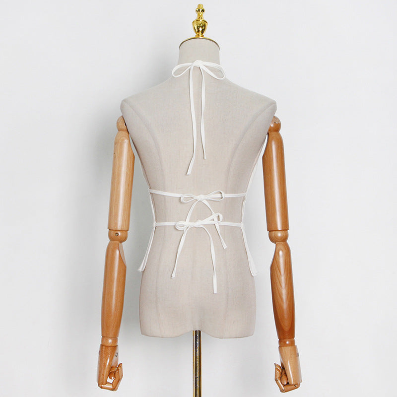 Backless lace up high neck sleeveless design vest with small suspender top for women