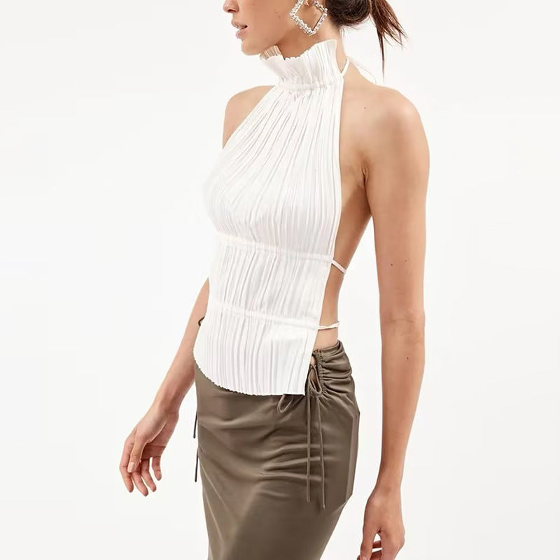 Backless lace up high neck sleeveless design vest with small suspender top for women
