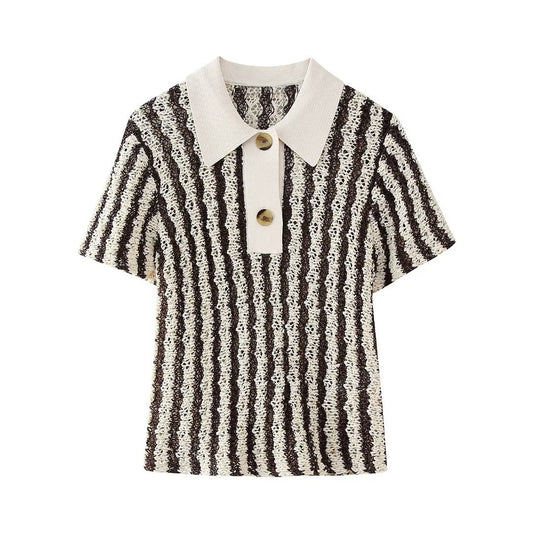Temperament collar, short collar, striped pullover, versatile knit sweater for women