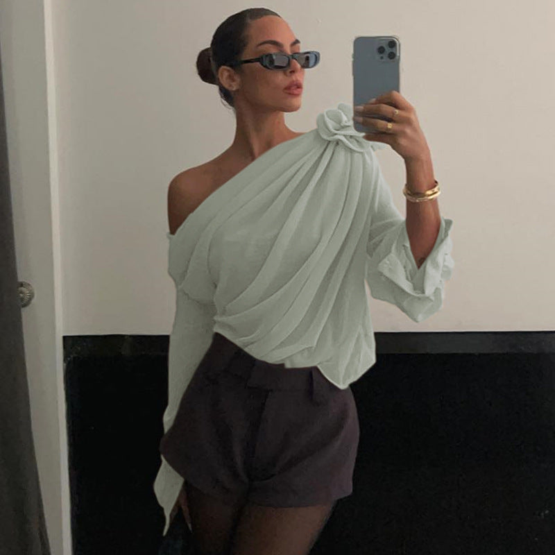 New Women's Sexy and Fashionable Street Hot Girl Slant Shoulder Chiffon Slimming T-shirt Top for Women