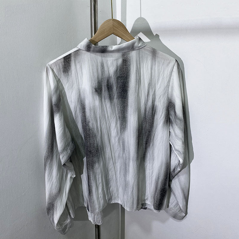 Autumn new fashionable tie dye printed loose short shirt with irregular hem casual shirt for women