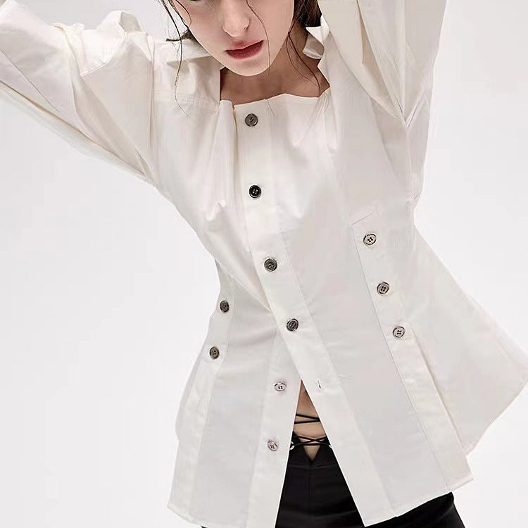 Shirt waist cinching slimming mid length shirt jacket for women
