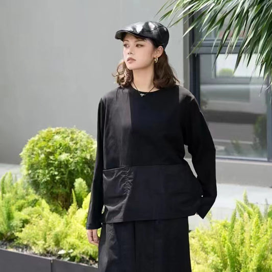Extremely simple and high-end solid color early autumn long sleeved T-shirt with butterfly bow design on the back, niche ins top