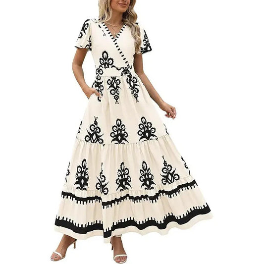 V-neck printed short sleeved dress for women