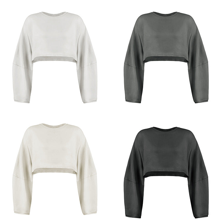 Umbilical round neck sweatshirt, European and American women's short sports base shirt, T-shirt, knitted shirt, long sleeved top
